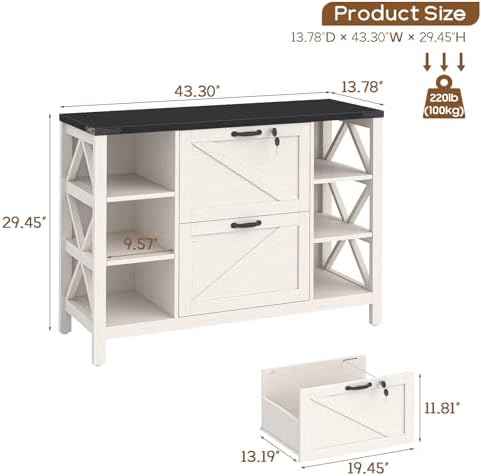Vabches File Cabinet with 2 Drawers, Farmhouse Lateral File Cabinet Fits Files Letter/A4/Legal Size, Wooden Filing Cabinet with 4 Adjustable Shelves Printer Stand for Home Office, White and Black
