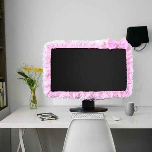 Computer Monitor Cover with Lovely Cute Elastic Pen Pocket Bow-knot TV LCD Screen Monitor Decoration Dust Cover Protector, lace fabric (17''-22''，Pink)
