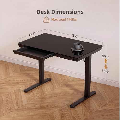 INNOVAR 32" Small Glass Standing Desk with Drawers & USB Ports, Whole-Piece Glass Top Adjustable Height Desks, Quick-Install Electric Sit-Stand Up Desk for Home Office & Computer Workstation, Black