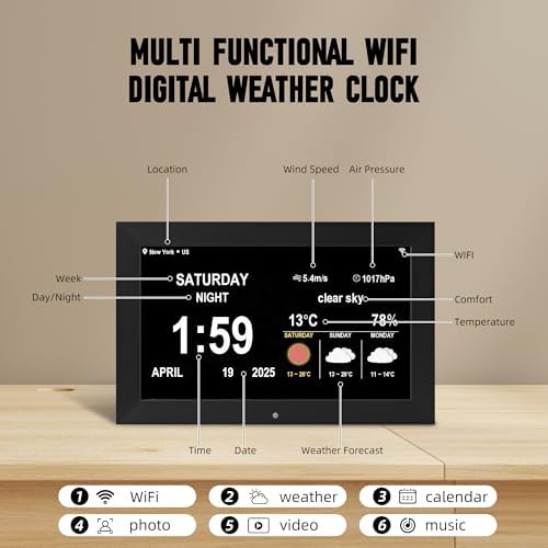 WiFi Clock with Date, Alarm, Weather, Temperature & Humidity Display – Auto Brightness, Multiple Alarms, suitable for the elderly and Alzheimer's patients.
