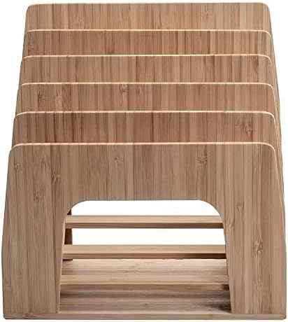 MobileVision Bamboo Desktop Inclined File Folder Organizer and Paper Tray, Upright Sections, Step Sorter, 5 Slots