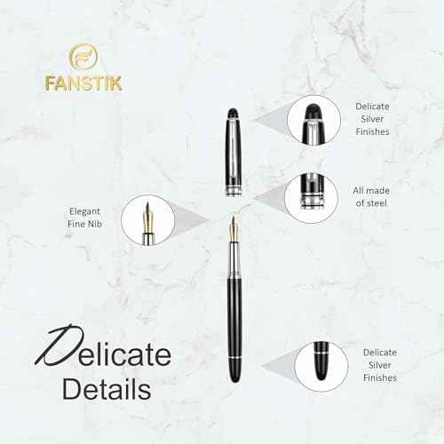 FANSTIK, Customized Fountain pen with name (MADE IN USA), stainless steel, black and silver, luxury engraved pen personalized for men and for women. (Fountain Black-Silver)