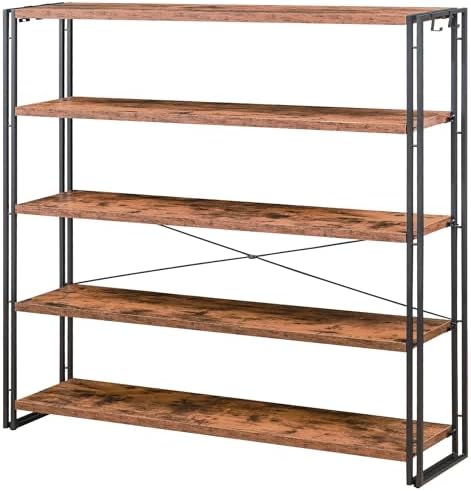 HCHQHS Bookshelf, 5-Tier Industrial Bookcase, Rustic Open Book Shelf