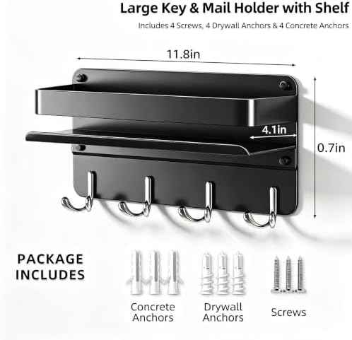 Modern Key Holder Wall Mount with Shelf, Metal Mail Holder with 8 Key Hooks