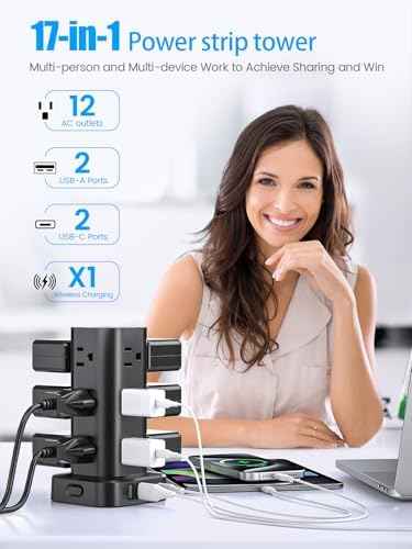 Tower Power Strip with 15W Wireless Charger, 10FT Flat Plug Extension Cord with Multiple Outlets, 12 AC Outlets, 4 USB Ports (2 USB C) Charging Station Surge Protector for Office Home Dorm Room(Black)