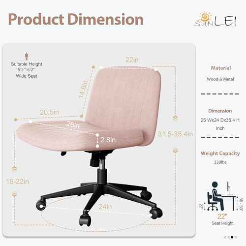 SUNLEI Cross Legged Office Chair with Wheels, Armless Wide Chair's for Vanity Desk, Criss Cross Comfy Chairs with Back, Desk Chair/s of Height Adjustable Swivel, Pink