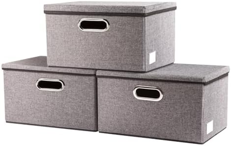 PRANDOM Storage Bins with Lids [3-Pack] Linen Fabric Foldable Storage