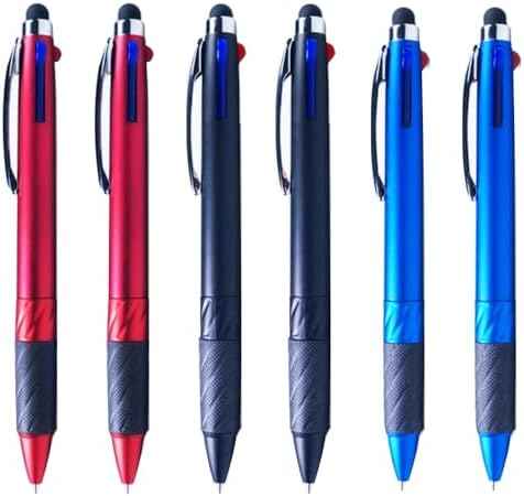 3-in-1 Ballpoint Pens with Stylus Tip, Fine Point, Set of 6, Black/Blue/Red (Multicolor)