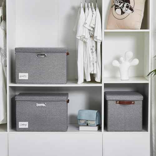 17" Large Fabric Storage Box with Lids, 3-Pack, Gray