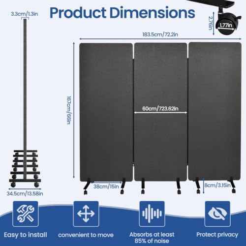 72in 3-Panel Soundproof Room Divider with Wheels, Heavy-Duty Acoustic