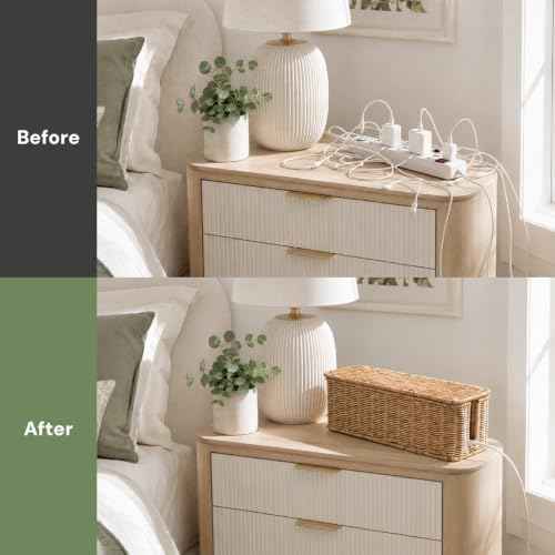 Cable Management Box, Handmade Rattan Cord Organizer for Power Strip