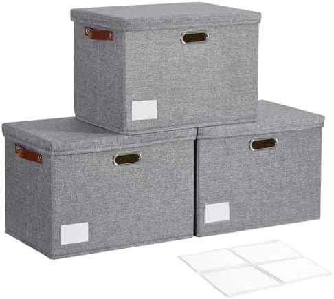 17" Large Fabric Storage Box with Lids, 3-Pack, Gray