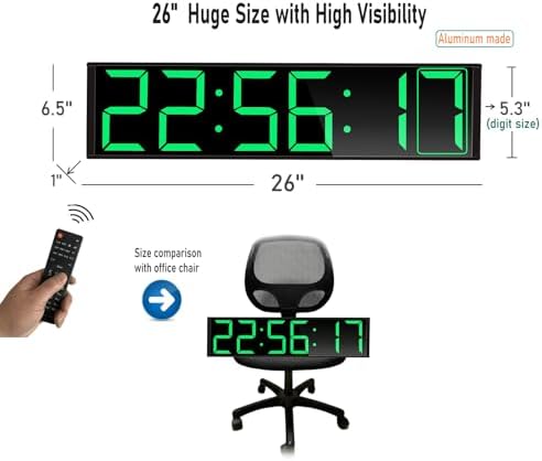 26'' Huge Digital Wall Clock, Home Gym Interval Workout Timers, with Countdown, Stopwatch, 7-Color Light, 8-Alarms, Calendar/Temperature Display, for HIIT/Tabata/FGB/EMOM (Green)