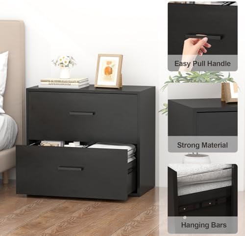 2 Drawer Lateral File Cabinet, Printer Stand Black Filing Cabinets for Home Office and School, Wood Rattan File Cabinet for Hanging Files/Letter, Black