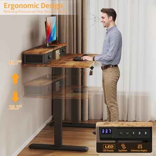 Electric Standing Desk Adjustable Height - 40 Inch Sit Stand Desk with Storage Drawers , Small Standing Desks with Shelf Monitor Stand, Kids Girls Computer Desks for Bedroom Home Office, Rustic Brown