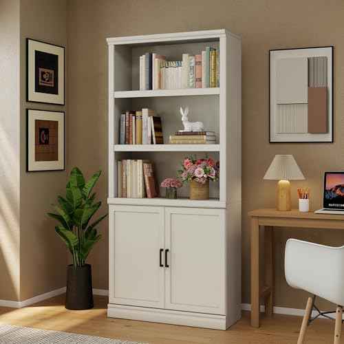 70" Tall White Bookcase with Doors, Bookshelf with Storage for Living Room