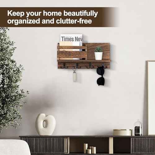 Key and Mail Holder for Wall Decorative - Rustic Mail Organizer Wall Mount, Wooden Letter Sorter Organizer with 4 Key Rack Hooks for Hallway Kitchen Farmhouse Decor (Brown)