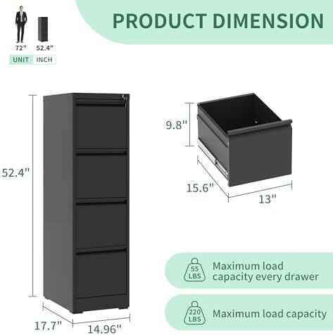 File Cabinet 4 Drawer with Lock, Vertical Filing Cabinets for Home Office, Metal Steel Storage Cabinet for Letter/Legal Size File, Assembly Required(Black)