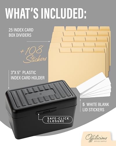 OFFILICIOUS Index Card Box 3x5 - Recipe Box with Manila Dividers &
