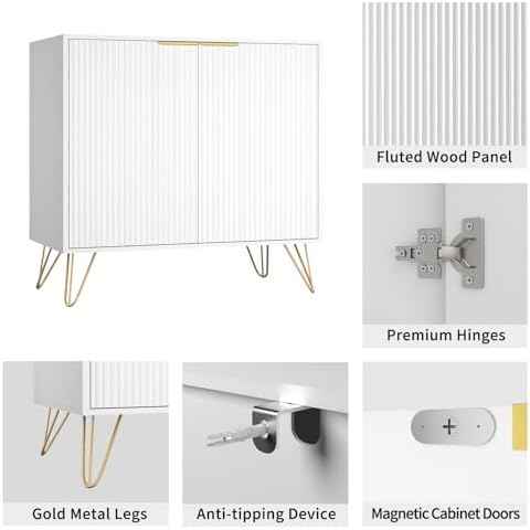 Fluted Storage Cabinet Sideboard Accent Cabinet with 2 Doors, White, 1PC丨Buffet Cabinet with Metal Legs and Adjustable Shelf for Kitchen, Dining Room, Living Room, Office