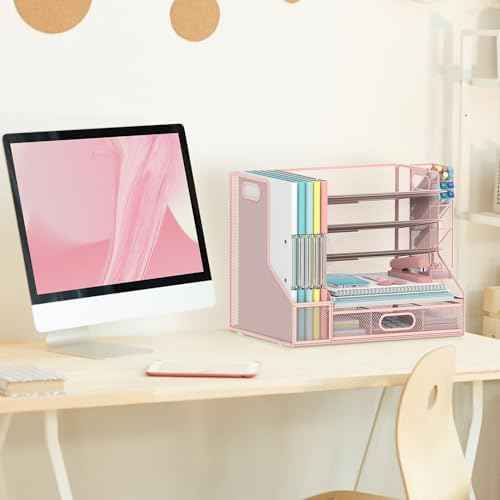 Desk Organizer with 5 Tier File Holder and Sliding Drawer Pen Holder Pink