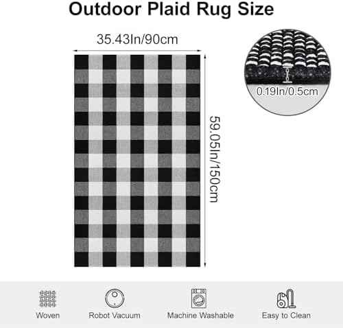 3x5 Ft Buffalo Plaid Area Rug, Black and White, Machine Washable