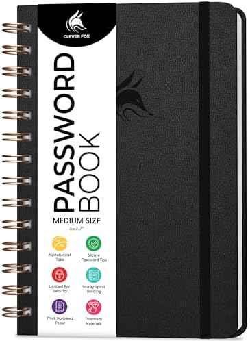 Clever Fox Password Book Keeper Notebook, Spiral-Bound Medium Black