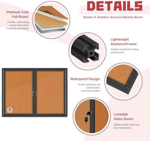 Weatherproof Enclosed Bulletin Board 44x32 Inch, Lockable Outdoor