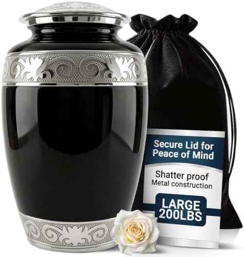 Urns for Human Ashes Adult Male and Female | Handcrafted Large 200 Cubic Inches Cremation Urn with Silver Engraving | Secure Threaded Lid | Black Memorial Urn for Burial Ashes