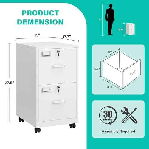 SISESOL 2 Drawer File Cabinet with Lock and Wheels,White Rolling File Cabinets,Locking Mobile Metal Filing Cabinet for Home Office,Under Desk,Fit A4/Letter/Legal File, Easy Assembly