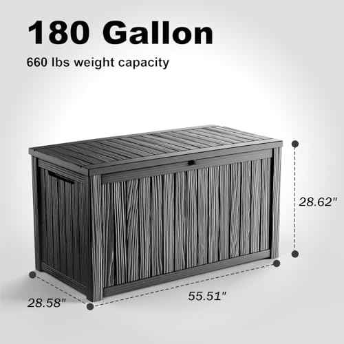 PatioZen 180 Gallon Resin Deck Box, Lockable Patio Outdoor Storage Box for Furniture, Garden Tools and Tools Storage, Waterproof Outside Storage Boxes - Black
