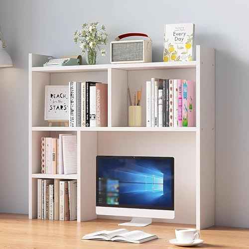 Desk Hutch for Dorm,Wooden Desktop Bookshelf with Storage Display Rack,Freestanding Bookcase for Computer Desk,Desk Top Organizer Shelf for Home Office (White, 31.5″W×7.9″D×35.4″H)