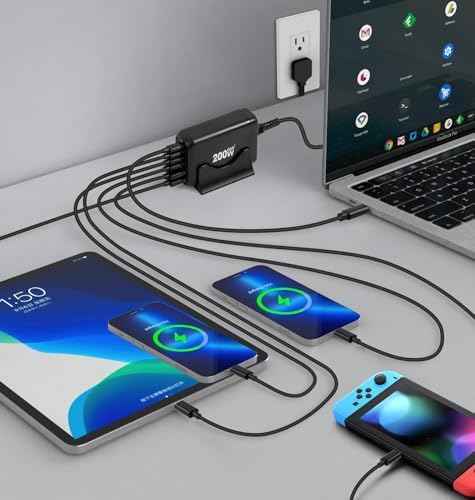 200W USB C Charger, 6 Ports USB C Fast Charging Station, GaN III PD QC Desktop Charger Block for Multiple Devices, Compatible with MacBook, DELL, Tablet iPad, iPhone, Samsung Galaxy, Black