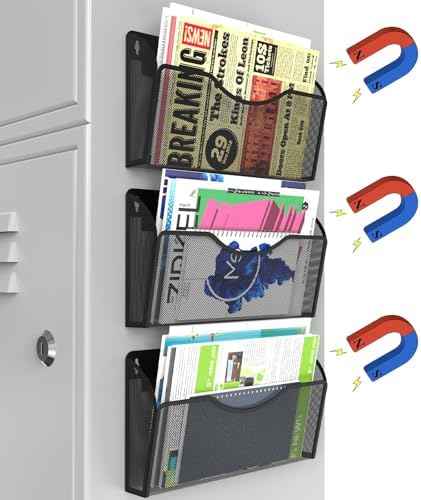 Magnetic File Holder 3PCS Wall File Folder Organizer, No Drilling Hanging Magazine Rack for Refrigerator, Document Paper Mail Folder Holders Office File Magnetic Organizer (Black)