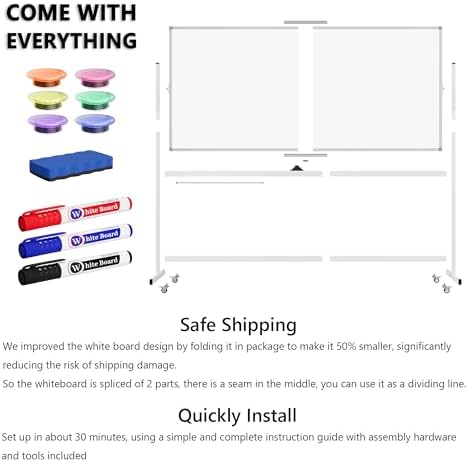 Large Rolling Whiteboard on Wheels, 72" x 36" Double-Sided Mobile White Board with Stand, 6' x 3' Portable Standing Magnetic Dry Erase Board Easel for Home Office Classroom School, Silver