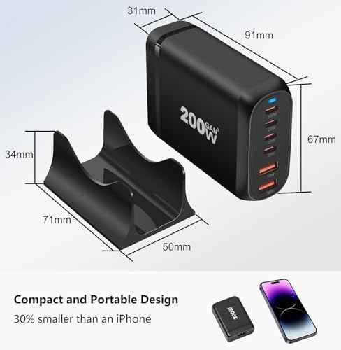 200W USB C Charger, 6 Ports USB C Fast Charging Station, GaN III PD QC Desktop Charger Block for Multiple Devices, Compatible with MacBook, DELL, Tablet iPad, iPhone, Samsung Galaxy, Black