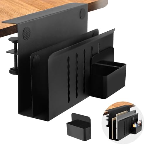 Desk Side Storage, 2 Tier Steel Hanging Organizer, No Drill Side Desk Organizer, Laptop Holder, with Pen Holder, For Office Supplies & Studio Essentials Black