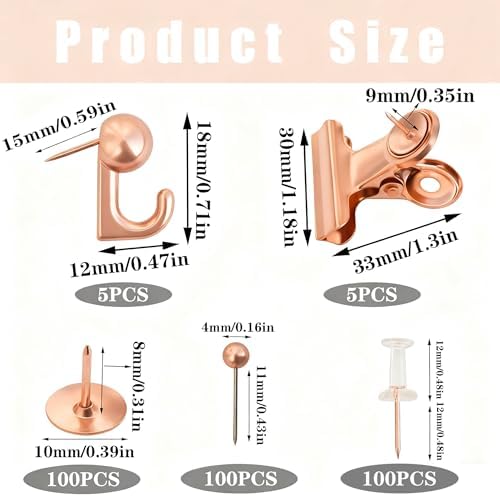 YOUDEFUL 310 Pcs Rose Gold Push Pin Set 5 Style for Bulletin Board