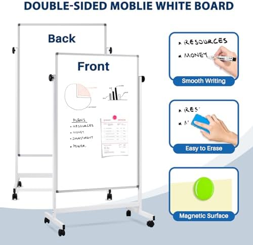 Magnetic Rolling Whiteboard, 40" x 24", Double Sided, Height Adjustable