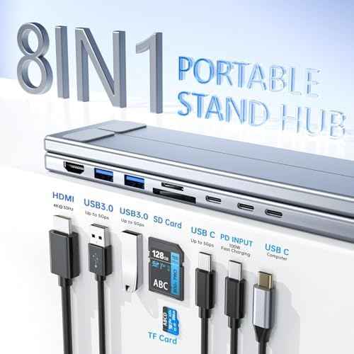 Laptop iPad USB C Docking Station Stand,Aluminum Tablet Holder, 8 in 1 USB C Hub with 4K HDMI, PD 100W, 2 USB 3.0, SD/TF Reader, for MacBook/iPad/Dell/HP/Surface/Lenovo, Plug and Play