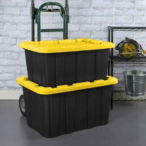 6 Pack, Large 27 Gallon Durable Plastic Storage Bin with Snap-On Lid, Storage Bin for Home Garage Organization, Black and Yellow
