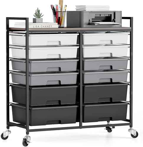 TOOLF 12 Drawers Rolling Storage Cart with Wooden Top for Classroom,Grey