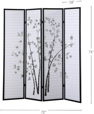 Roundhill Bamboo Print 4-Panel Framed Room Screen/Divider, black