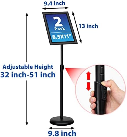 2Pack 8.5x11 Inch Adjustable Pedestal Poster Sign Stand, Heavy Duty Floor Standing Sign Holder Stand Aluminum Snap Open Frame for Vertical and Horizontal View Sign Displayed(Black)