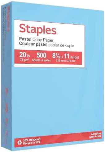 Staples 30% Recycled Copy Paper, 8.5x11 Inch, 20 lb., Blue, 500 Sheets