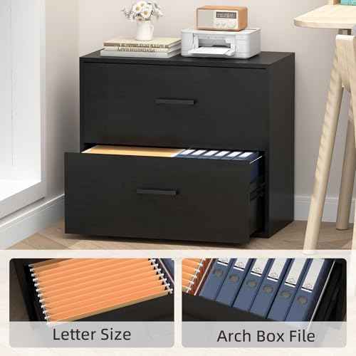 2 Drawer Lateral File Cabinet, Printer Stand Black Filing Cabinets for Home Office and School, Wood Rattan File Cabinet for Hanging Files/Letter, Black