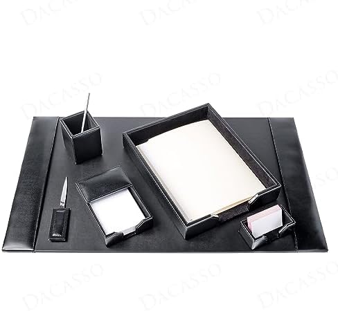 Dacasso 6 Piece Black Bonded Leather Luxury Desk Accessory Set - Desk Pad & Organization Essentials