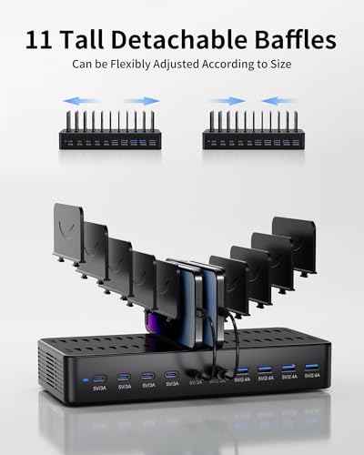 100W Charging Station for Multiple Devices, 10-Port USB Fast Charger, Black