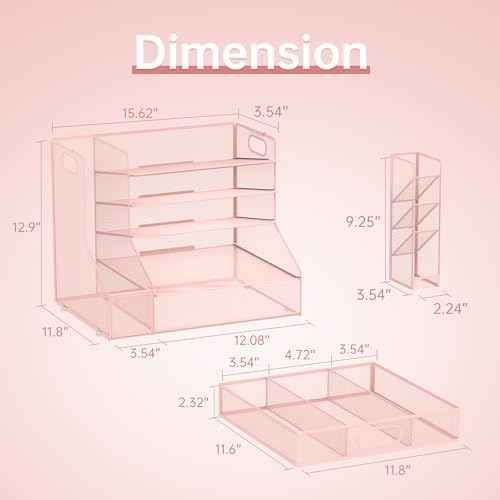 Desk Organizer with 5 Tier File Holder and Sliding Drawer Pen Holder Pink
