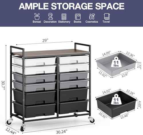 TOOLF 12 Drawers Rolling Storage Cart with Wooden Top for Classroom,Grey